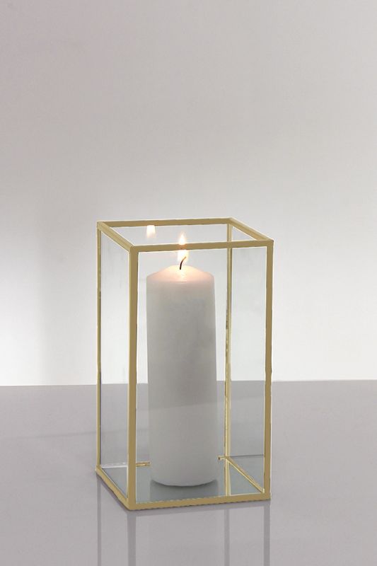 Elegant set of 12 gold-framed glass candle boxes with mirrored bases, ideal for displaying candles and décor.