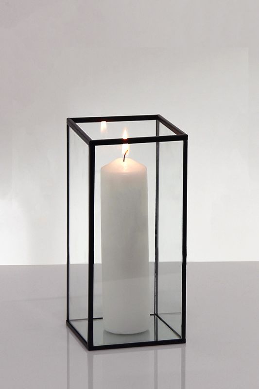 Elegant black metal frame glass candle boxes in a set of 12, perfect for ambient candle displays and decorative arrangements.