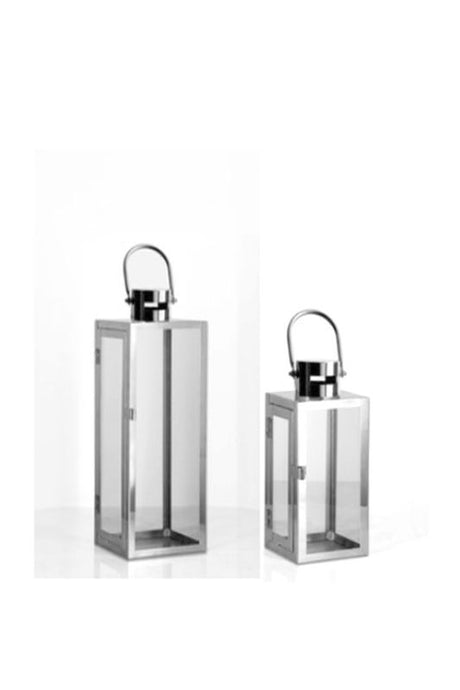 Set of 2 modern stainless steel lanterns in reflective silver, featuring two sizes and top handles for easy portability.