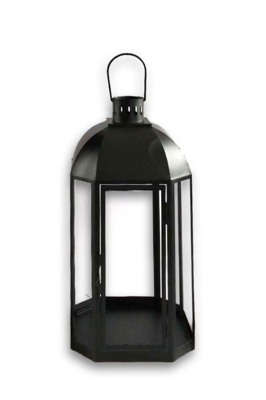 8-panel black steel lantern with a matte finish, perfect for indoor/outdoor decor, measuring 22.5 x 22.5 x 40cmH.