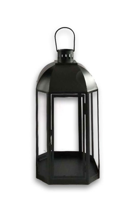 8-panel black steel lantern with a matte finish, perfect for indoor/outdoor decor, measuring 22.5 x 22.5 x 40cmH.