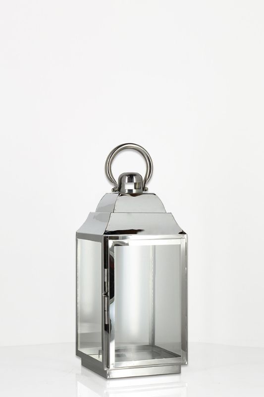 Elegant silver stainless steel lantern set of 6, featuring glass panels and convenient access for candles, perfect for any occasion.