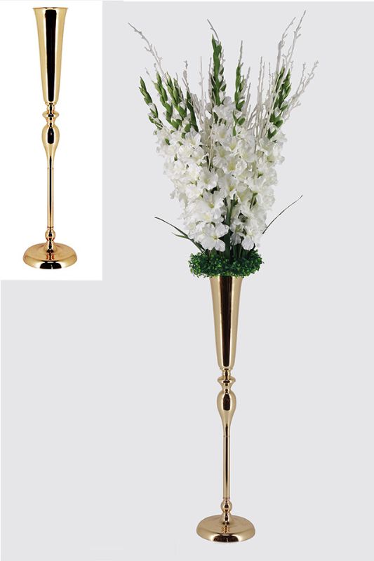 Stylish gold floor standing vase with heavy base, perfect for tall floral arrangements and elegant home decor.