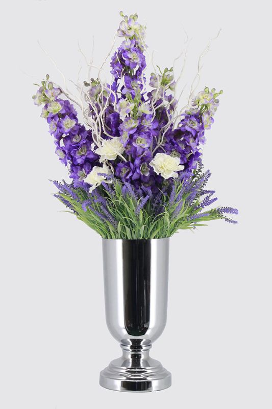 Elegant silver flower urn with heavy base, perfect for showcasing floral arrangements at events or home decor.