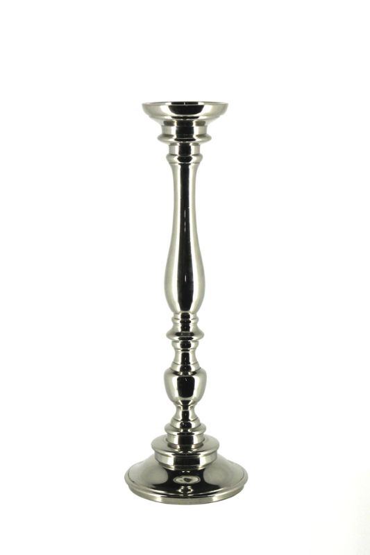 Elegant silver nickel plated candle stand, 16D × 47cmH, enhances decor with a mirrored finish and warm candlelight glow.