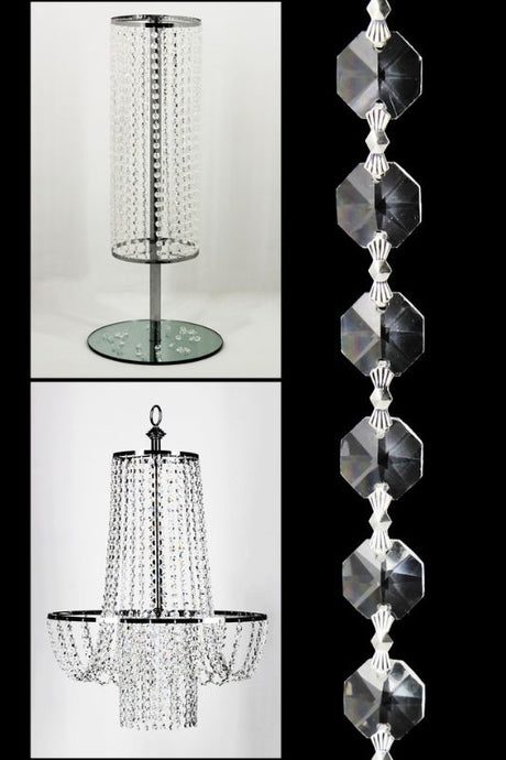 Clear decorative garland with octagonal crystals and silver links, perfect for elegant home and event decor, set of 25 pieces.