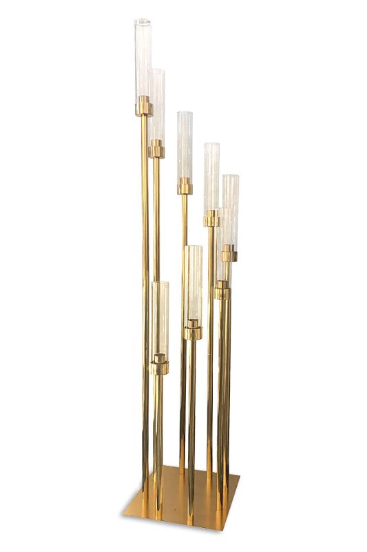 Elegant gold 8-holder candelabra with varying heights, perfect for creating a stunning ambience at any event.