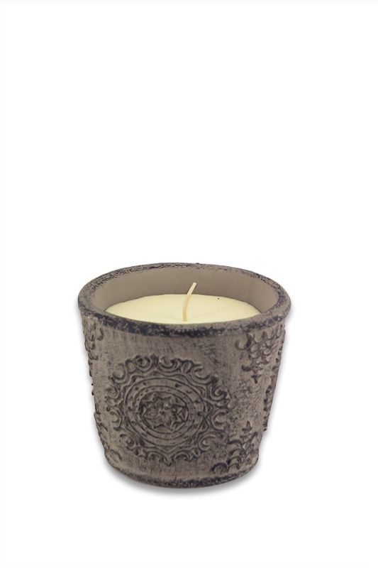 Set of 6 medium grey citronella candles in rustic cement pots, perfect for insect-free outdoor summer evenings.