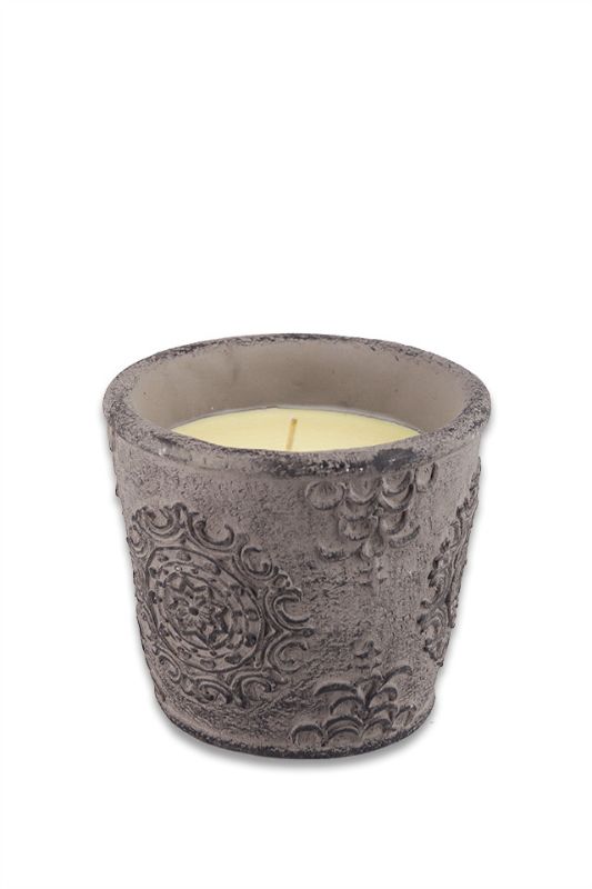 Set of 4 grey citronella candles in rustic cement pots, designed to repel mosquitoes and enhance outdoor ambiance.