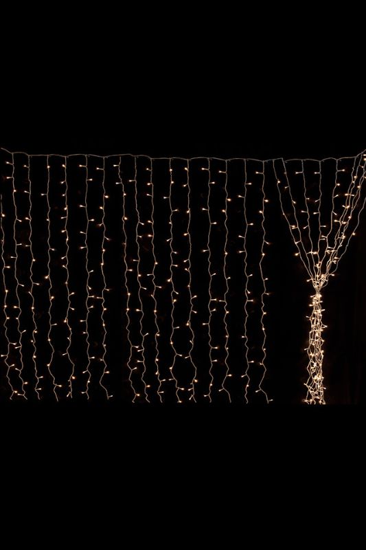 Warm white LED curtain with 480 lights, 8 functions, 6m x 3m, perfect for transforming any space into a magical ambiance.