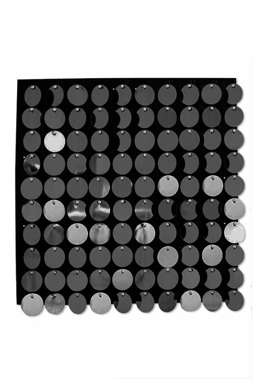 Set of 24 black round sequin panels (30x30cm) for glamorous party backdrops and photo ops, adding elegance and shimmer.