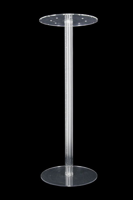 Clear acrylic pedestal stands set of 3, 90cm tall, ideal for showcasing decor and featuring openings for lights and hooks for adornments.