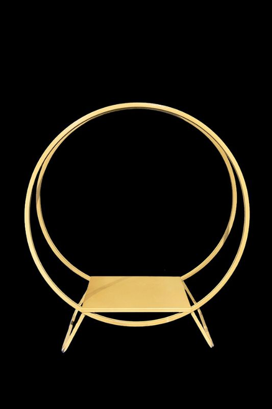 Double Ring Wedding Cake Stand in gold, 80cm diameter, elegantly displays cakes with customizable floral decor options.