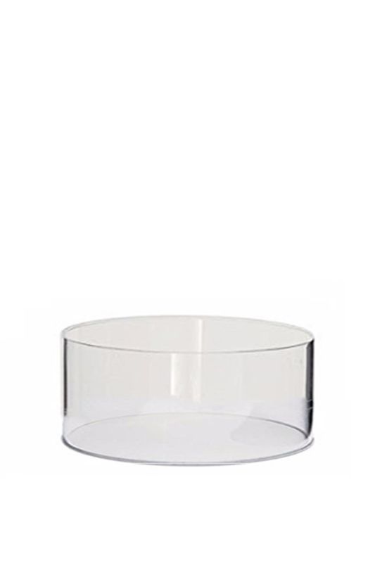 Clear round acrylic table riser for elegant event displays, featuring an open bottom for lighting and floral arrangements.