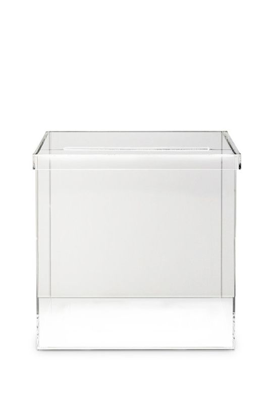 Elegant clear acrylic wishing well gift box for storing wedding well wishes and memories, featuring a removable lid and card slot.