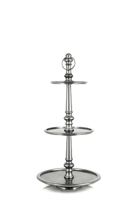 Elegant silver 3-tier cake stand crafted from durable aluminum, perfect for showcasing desserts at events and celebrations.