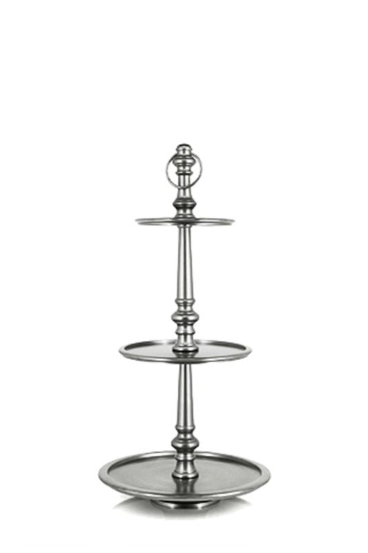 Elegant silver 3-tier cake stand crafted from durable aluminum, perfect for showcasing desserts at events and celebrations.