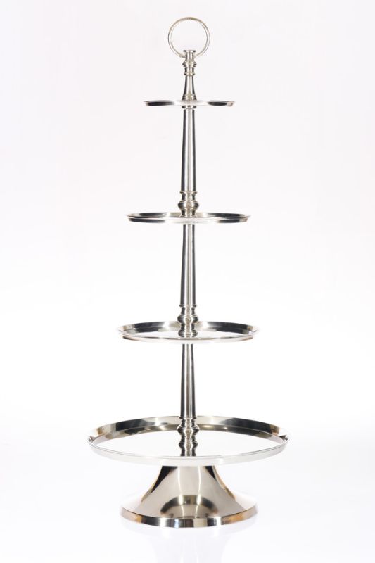Elegant Alum 4 Tier Cake Stand in silver, perfect for showcasing desserts at weddings and celebrations, measuring 45 x 100 cm.