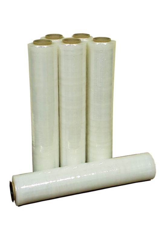 Clear 20mic stretch film hand wrap set of 2, 500mm x 470m, provides strong cling for secure packaging and protection.