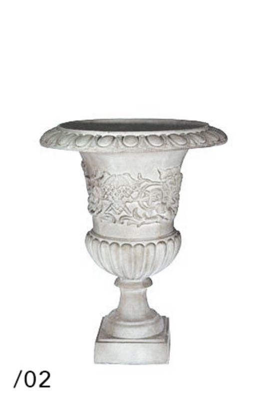 Medium-sized white wash fibreglass urn with intricate scroll design, perfect for garden displays and outdoor decor.