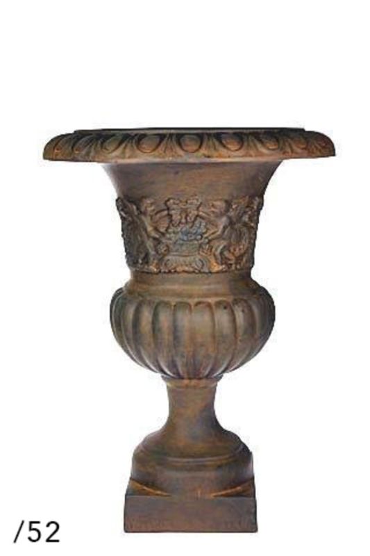 Large white wash fibreglass urn with scroll design, perfect for displaying flowers in gardens or outdoor spaces.