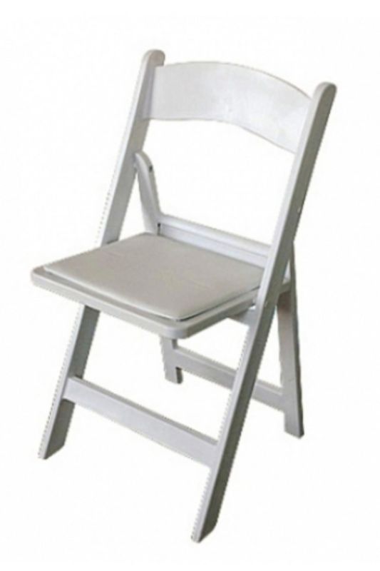 Set of 4 white Americana resin folding chairs with seat pads, perfect for weddings and events, designed for comfort and stability.