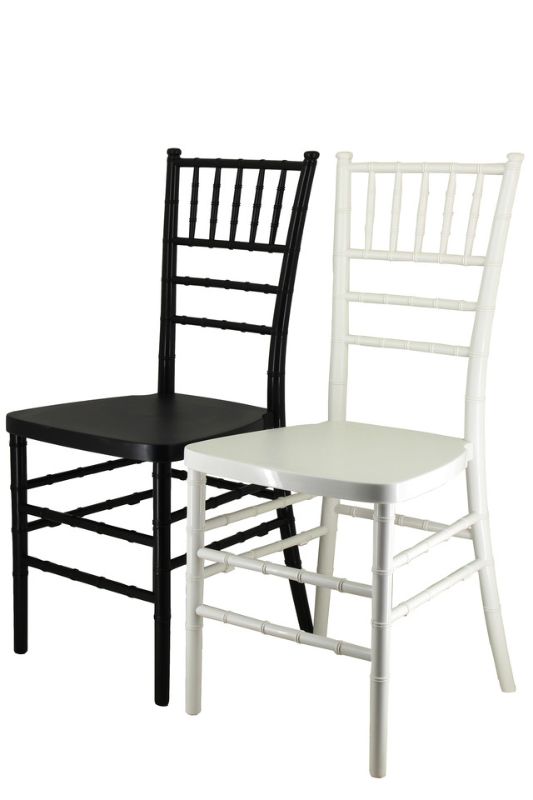 Set of 4 white PP Chiavari chairs, featuring a durable design, reinforced steel frame, and lightweight for easy transport.