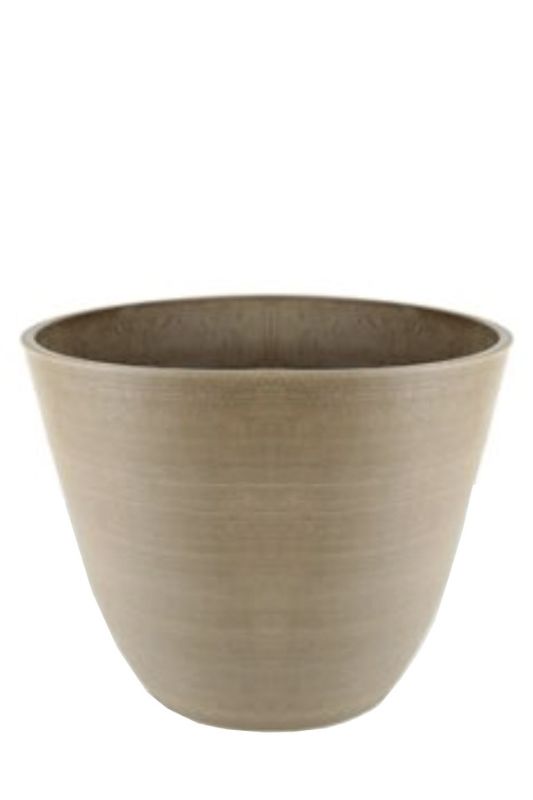 Eco-friendly recycled pot in camel color, featuring a stylish curve, perfect for indoor and outdoor plant display.