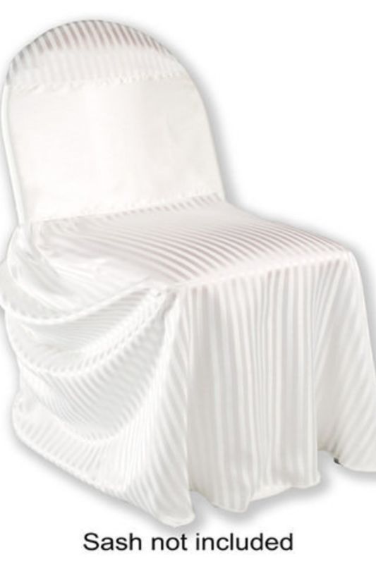 Elegant white satin stripe chair covers set of 10, perfect for weddings and events, adding a luxurious touch to any décor.