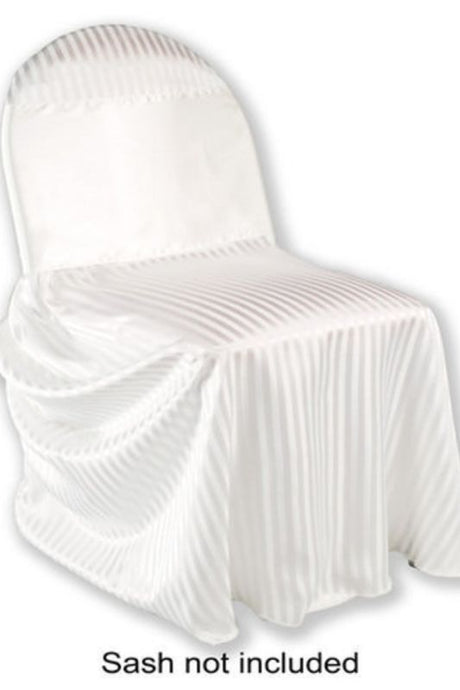 Elegant white satin stripe chair covers set of 10, perfect for weddings and events, adding a luxurious touch to any décor.