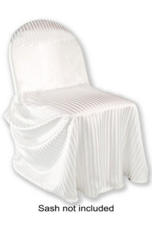 Set of 10 white wide stripe bag chair covers, stylish and durable for events and everyday use. Easy to clean and fitting.