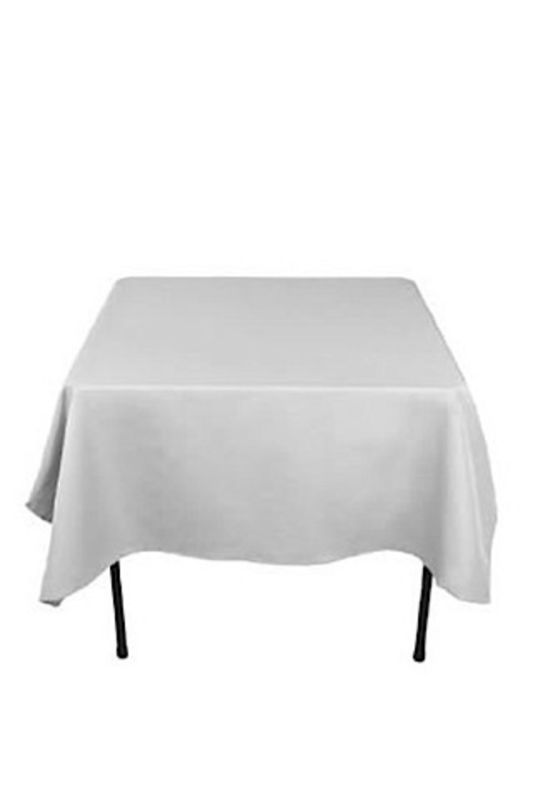 Set of 5 white polyester table covers, 230x230 cm, wrinkle-resistant, perfect for dining events and gatherings.