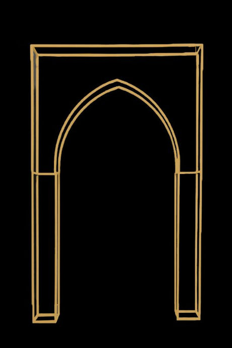 Gold gothic-style Church Arch Frame backdrop, easily customizable for weddings or events, height adjustable for stunning displays.