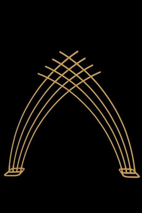Art Deco gold backdrop frame, 290cm W x 260cm H, customizable for events, perfect for stylish decor and photo opportunities.