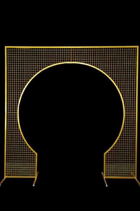 Gold round cut-out event backdrop frame, 240cm wide, ideal for weddings, parties, and striking photo opportunities.