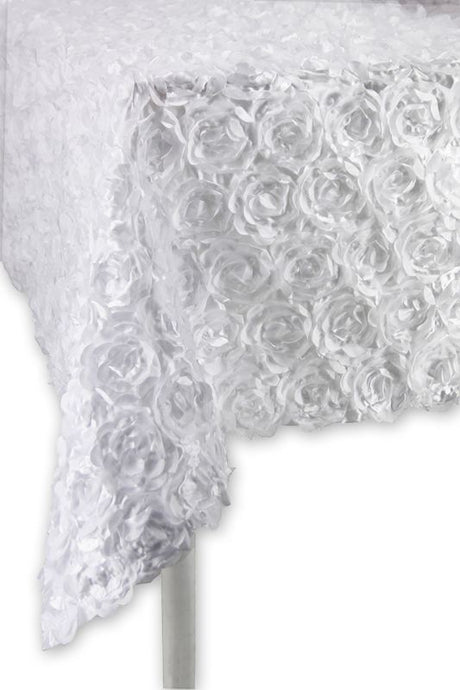 Elegant white satin tablecloth adorned with 3D rose blooms, perfect for weddings and upscale events, 1m wide by 2.7m long.