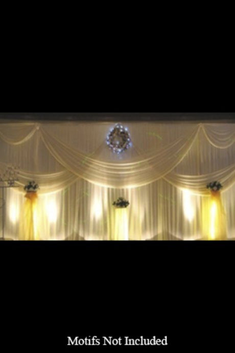 Elegant white event backdrop with pre-sewn swags, measuring 8m wide by 4m high, perfect for weddings and celebrations.