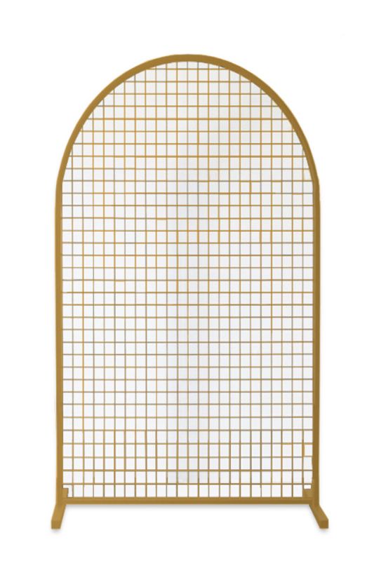 Elegant gold arch mesh frame backdrop for events, made of durable steel, perfect for balloons, florals, or signage.