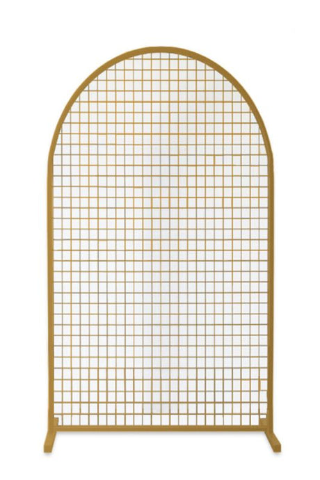 Elegant gold arch mesh frame backdrop for events, made of durable steel, perfect for balloons, florals, or signage.