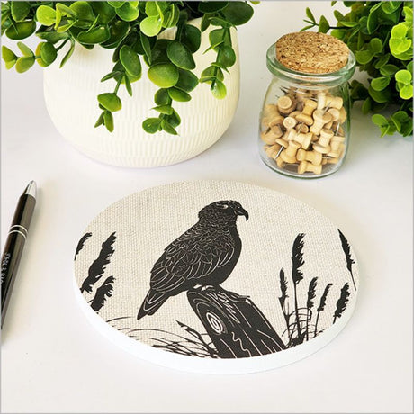 Colorful canvas circle featuring a detailed Kea parrot design, perfect for nature-themed decor in any space.