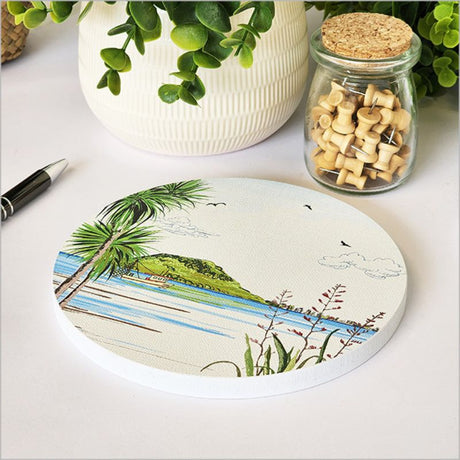 Canvas circle wall art featuring the serene beauty of Mount Maunganui, perfect for coastal-themed decor, 15cm in diameter.