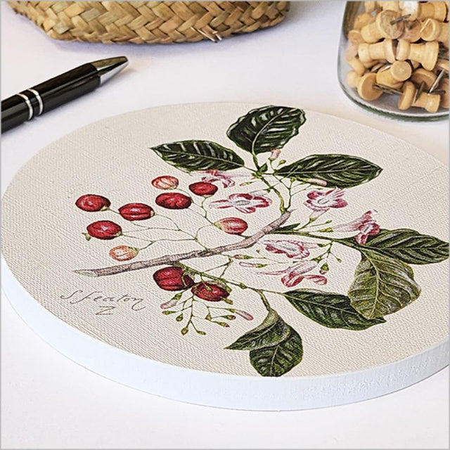 Embossed circular canvas wall art featuring vibrant Puriri foliage, 15cm diameter, ready to hang for modern decor.