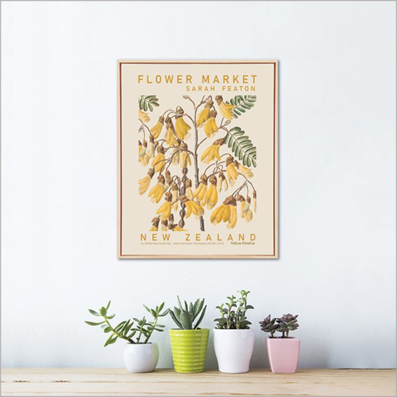 Framed canvas art featuring vibrant yellow Kowhai flowers, showcasing botanical illustrations by Sarah Featon, ready to hang.