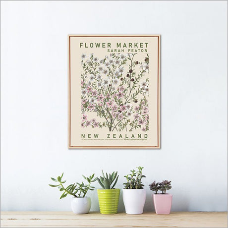 Framed canvas wall art featuring Sarah Featon's watercolor Manuka flowers, celebrating New Zealand's natural beauty.