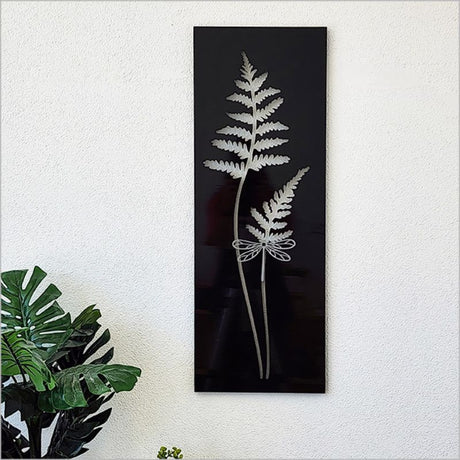 Large fern and dragonfly wall art in black ACM, 79cm tall, perfect for indoor or outdoor decor, lightweight and durable.