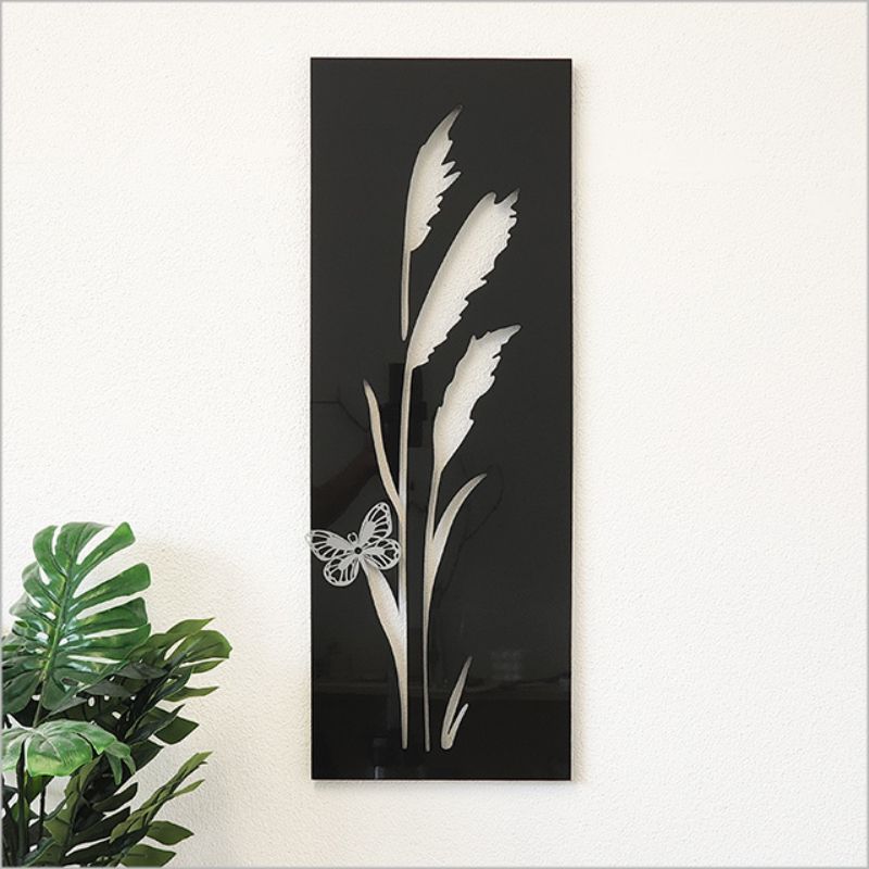 Large black wall art panel featuring a delicate butterfly design, crafted from durable ACM, suitable for indoor/outdoor use.