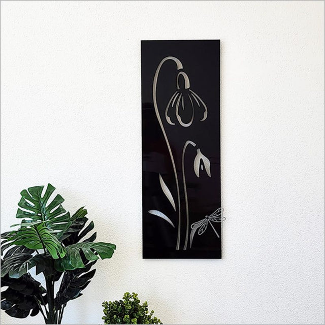 Large panel wall art featuring snowdrop and dragonfly design, made from durable ACM, suitable for indoor and outdoor use.