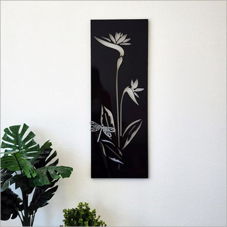 Large wall art featuring a black Bird of Paradise and dynamic Dragonfly design, perfect for indoor or outdoor decor.