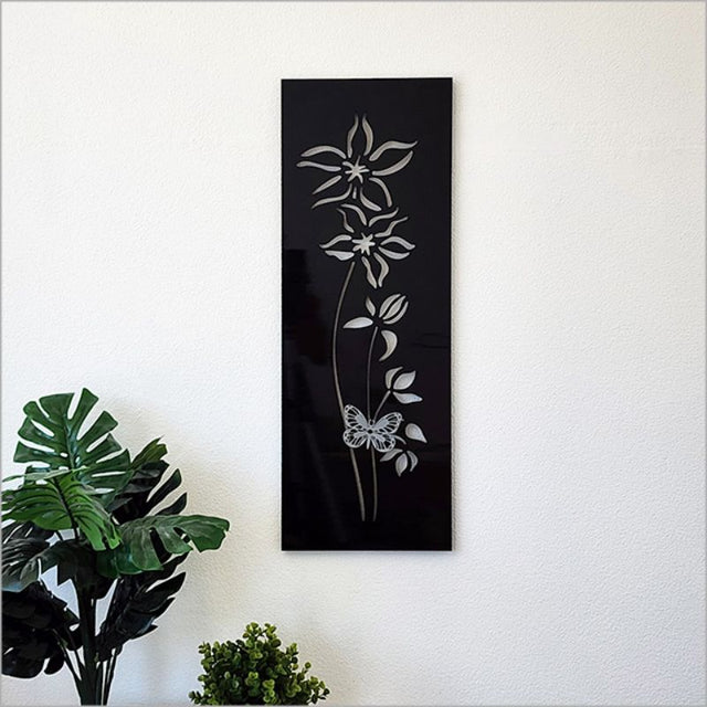 Large black Clematis wall art with butterfly design, made of durable ACM, suitable for indoor and outdoor use, 79cm tall.