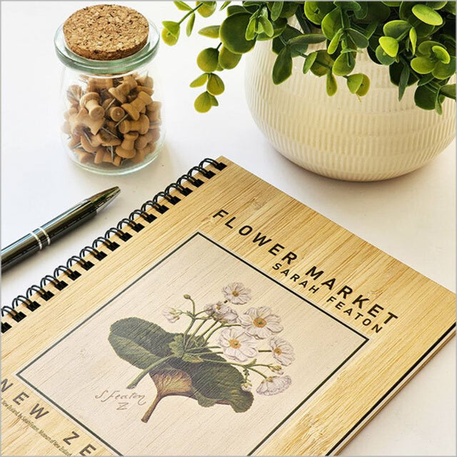 Bamboo Journal featuring Sarah Featon's Mountain Lily design, ideal for travel, sketches, and eco-friendly writing.